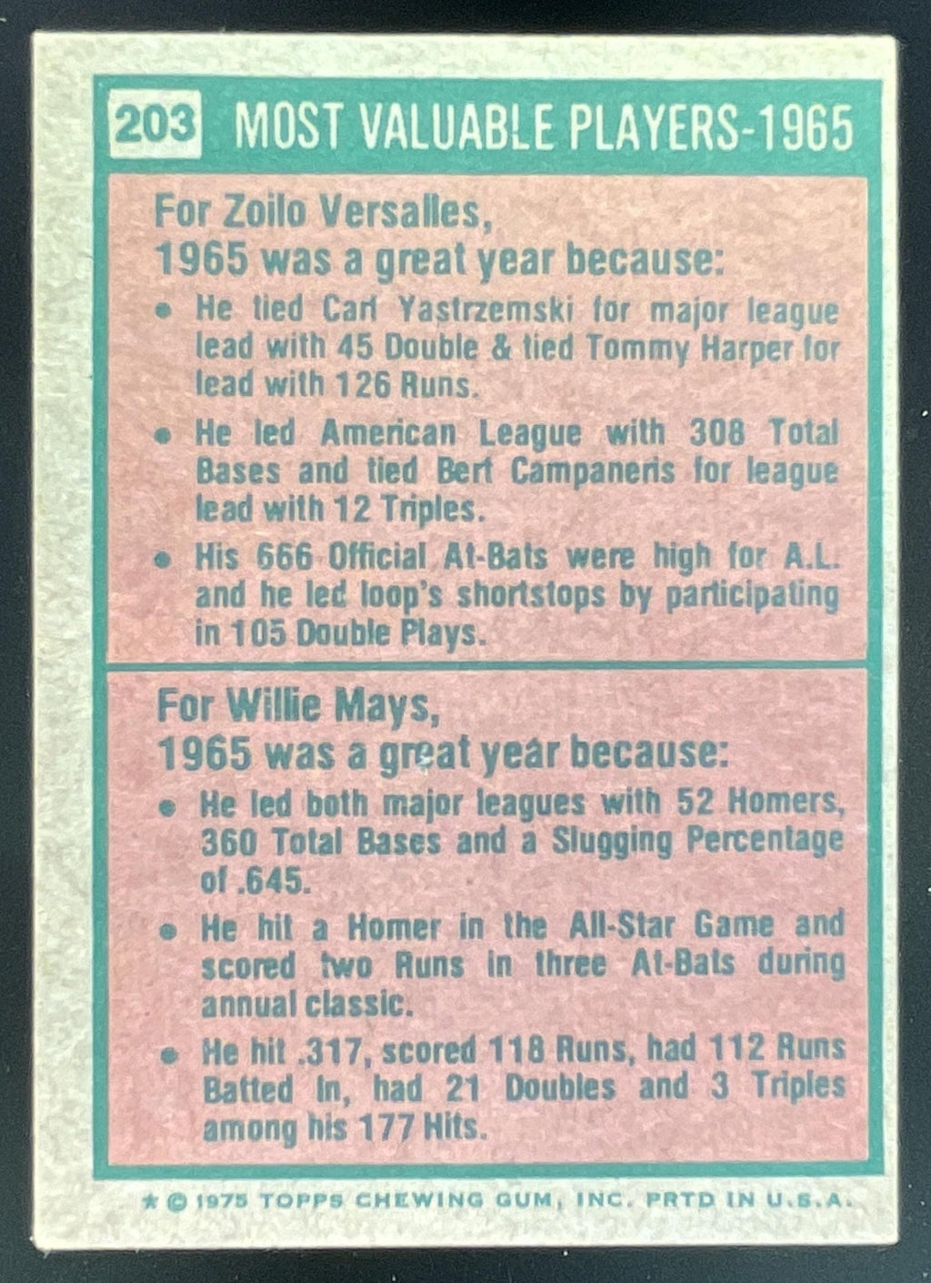 1975 Topps #203 1965s Zoilo Versalles Willie Mays MVP product image 2, provided for visual reference and product detail