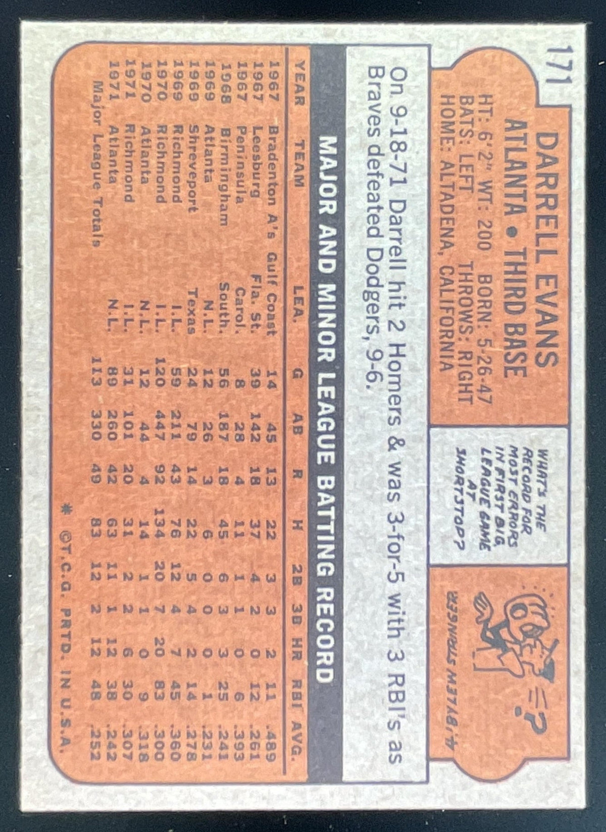 1972 Topps #171 Darrell Evans product image 2, provided for visual reference and product detail review