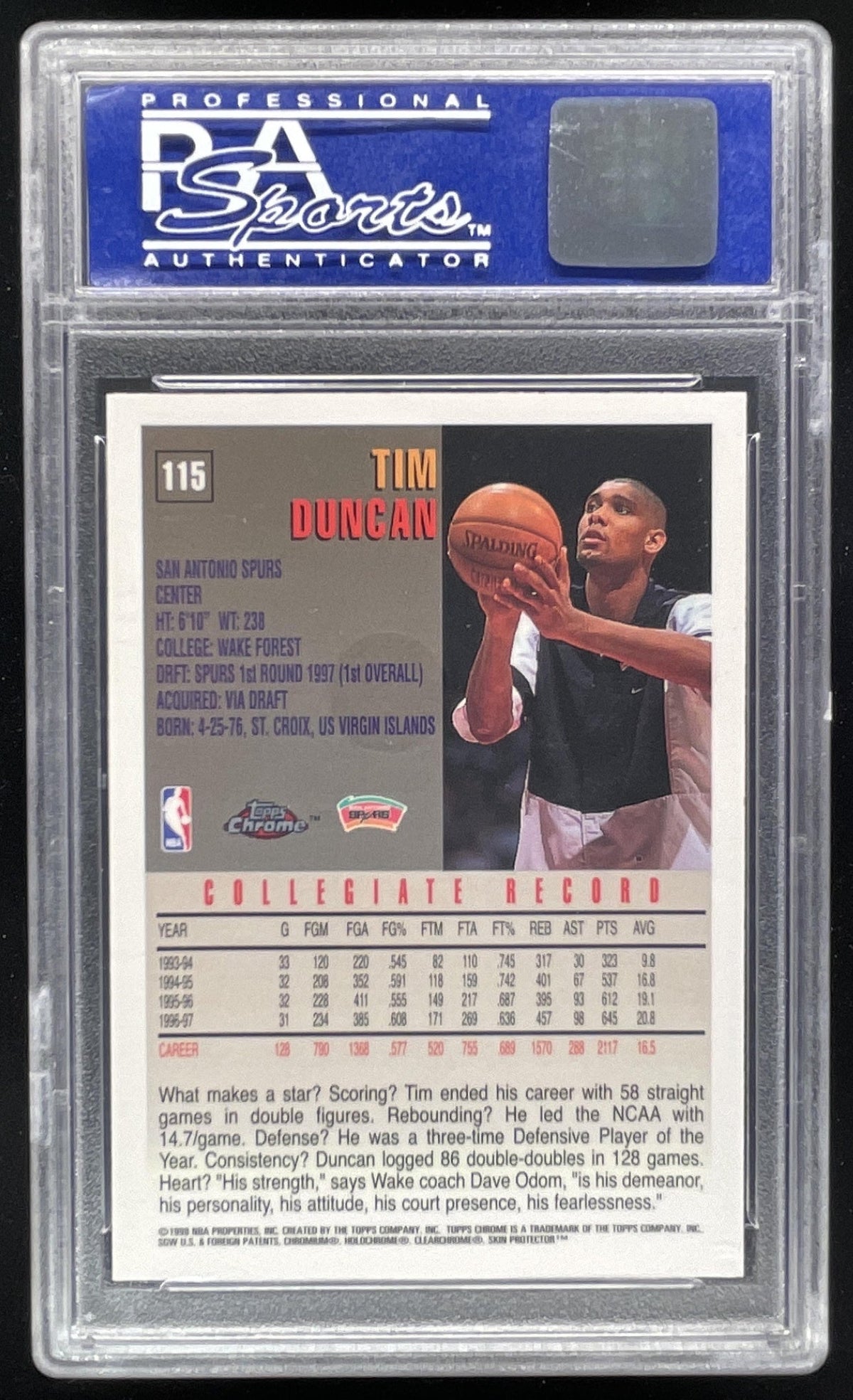1997-98 Topps Chrome #115 Tim Duncan RC PSA 10 product image 2, provided for visual reference and product detail review