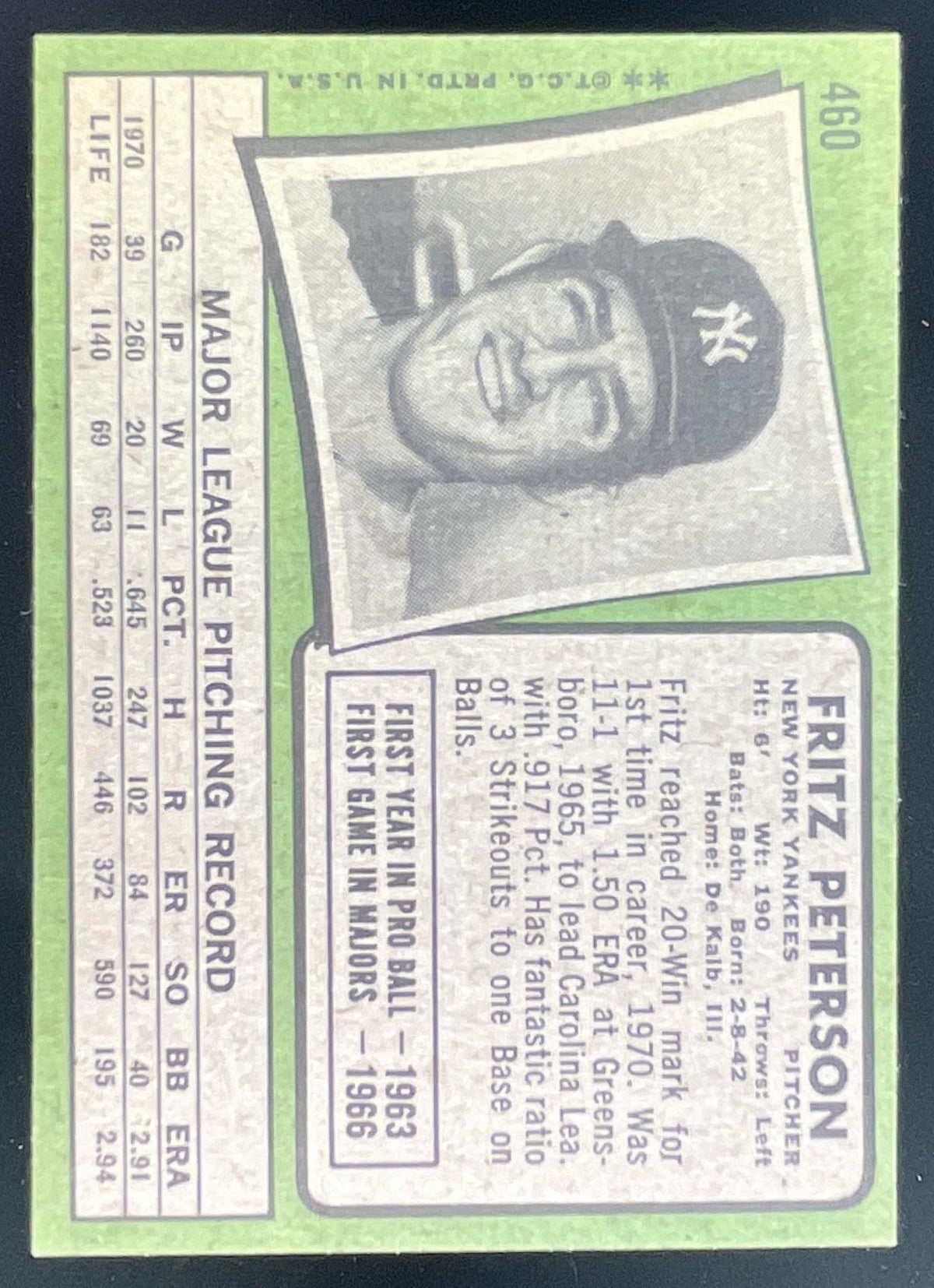 1971 Topps #460 Fritz Peterson product image 2, provided for visual reference and product detail review