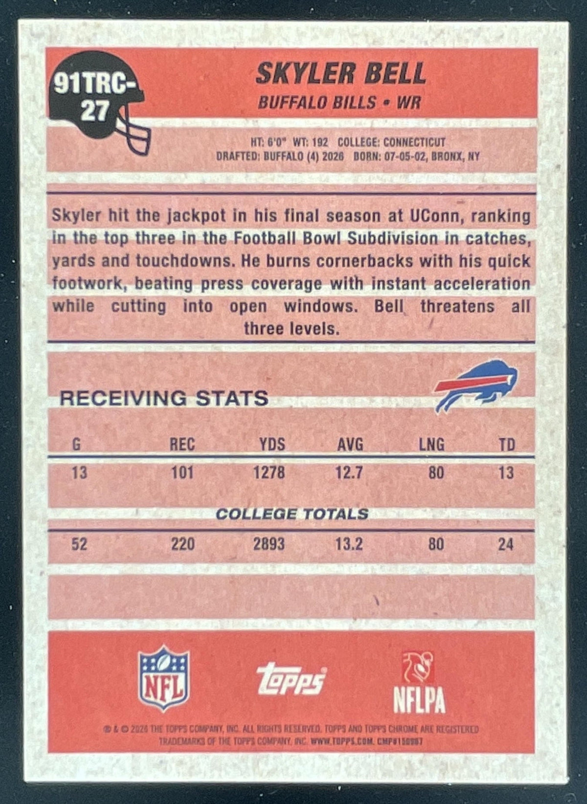 2026 Topps 1991 Chrome Rookie Blue Mojo Refractor #91TRC-27 Skyler Bell RC /150 product image 2, provided for visual
