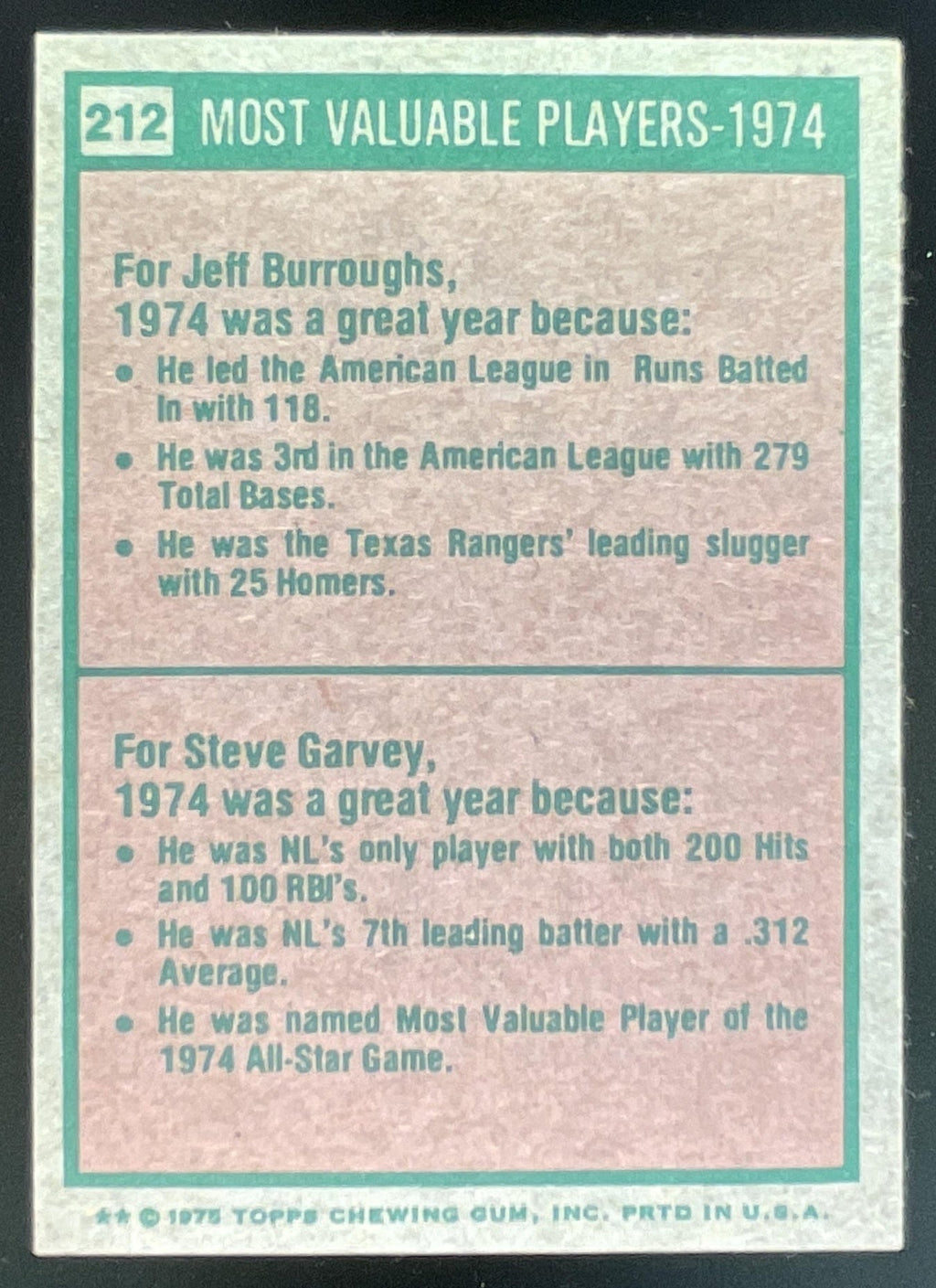 1975 Topps #212 1974s Jeff Burroughs Steve Garvey MVP product image 2, provided for visual reference and product detail