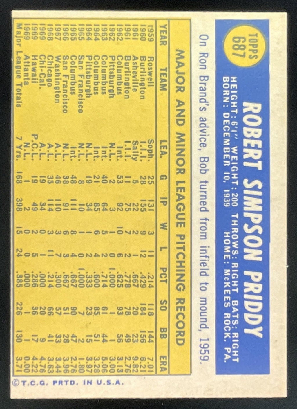 1970 Topps #687 Bob Priddy product image 2, provided for visual reference and product detail review