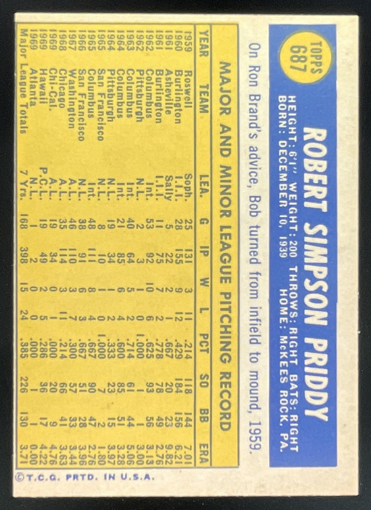 1970 Topps #687 Bob Priddy product image 2, provided for visual reference and product detail review
