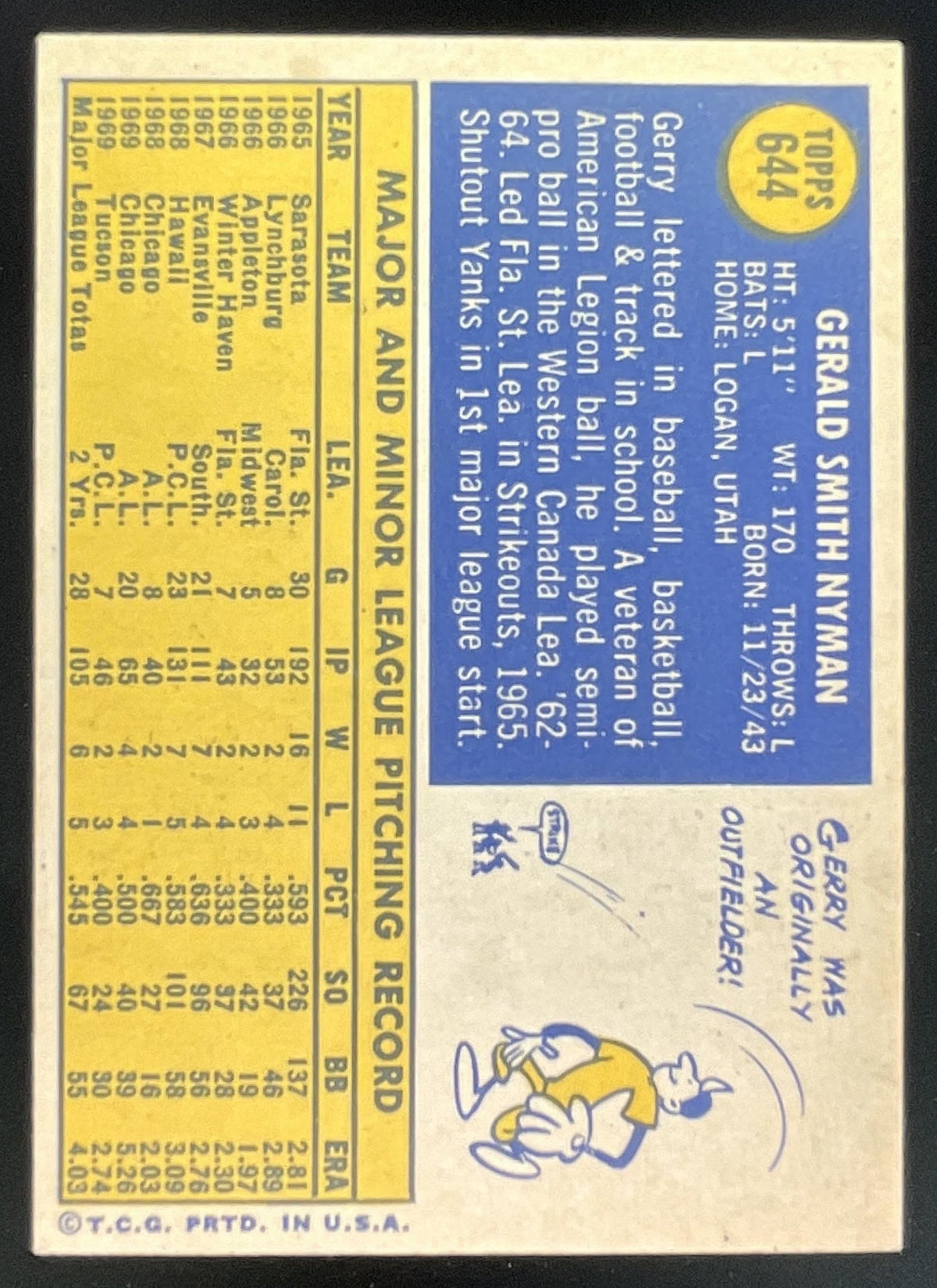 1970 Topps #644 Gerry Nyman product image 2, provided for visual reference and product detail review