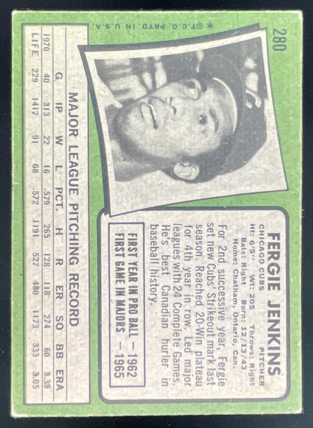 1971 Topps #280 Fergie Jenkins product image 2, provided for visual reference and product detail review