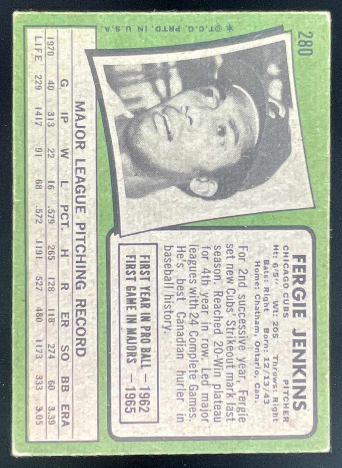 1971 Topps #280 Fergie Jenkins product image 2, provided for visual reference and product detail review