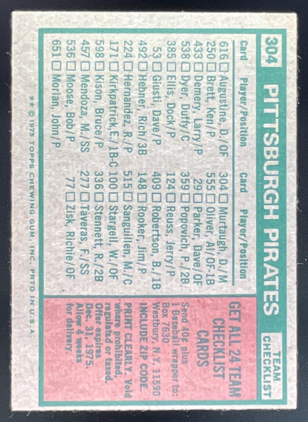 1975 Topps #304 Pittsburgh Pirates Danny Murtaugh MGR Checklist Card Team Card product image 2, provided for visual