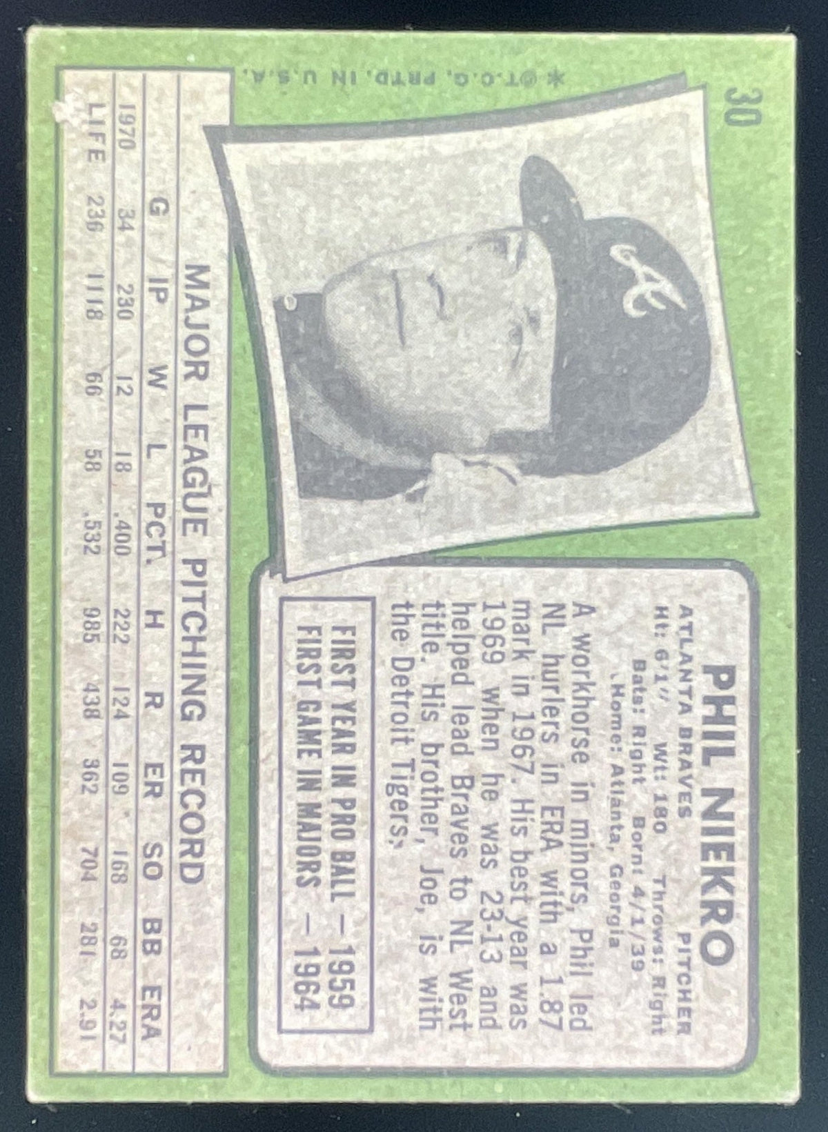 1971 Topps #30 Phil Niekro product image 2, provided for visual reference and product detail review