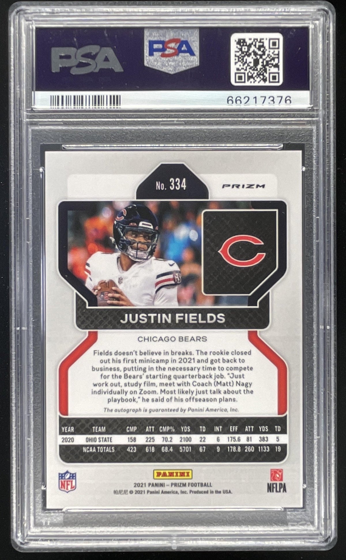 2021 Prizm Rookie Prizm No Huddle #334 Justin Fields RC Auto PSA 9 product image 2, provided for visual reference and