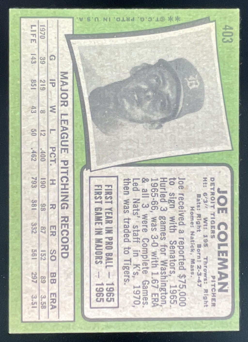 1971 Topps #403 Joe Coleman product image 2, provided for visual reference and product detail review