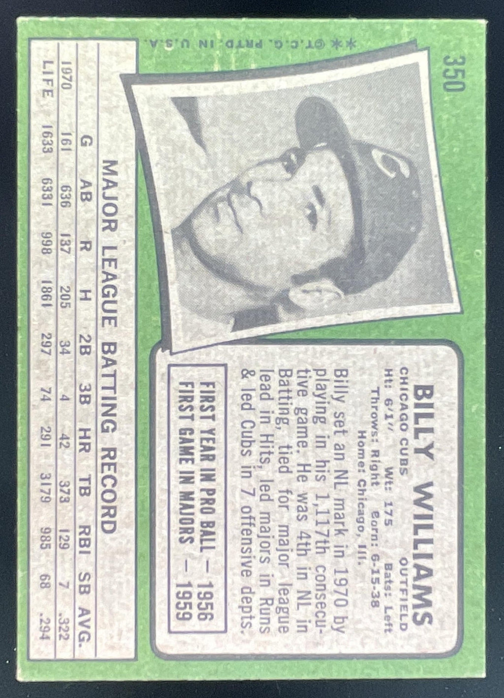 1971 Topps #350 Billy Williams product image 2, provided for visual reference and product detail review