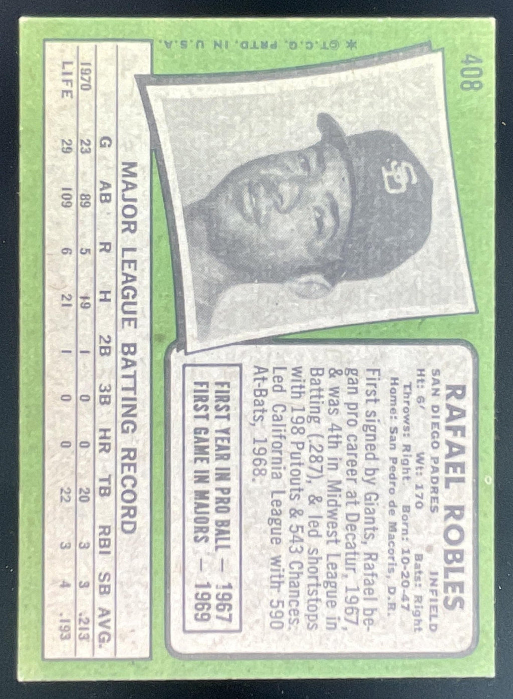 1971 Topps #408 Rafael Robles product image 2, provided for visual reference and product detail review