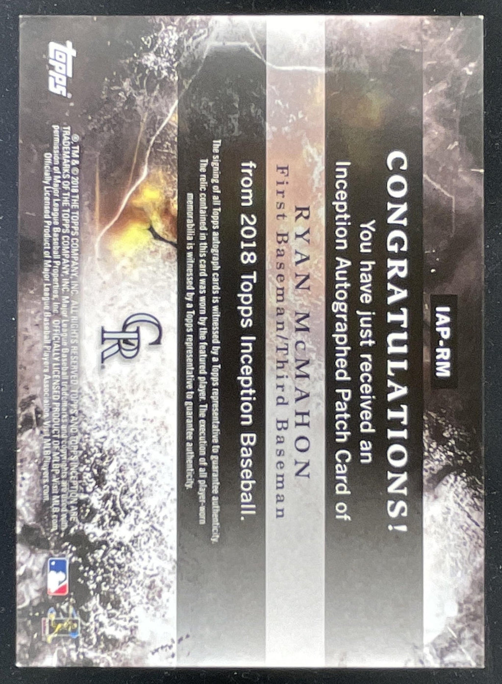 2018 Topps Inception Inception Patch Relics #IAP-RM Ryan McMahon RC Auto /199 product image 2, provided for visual reference