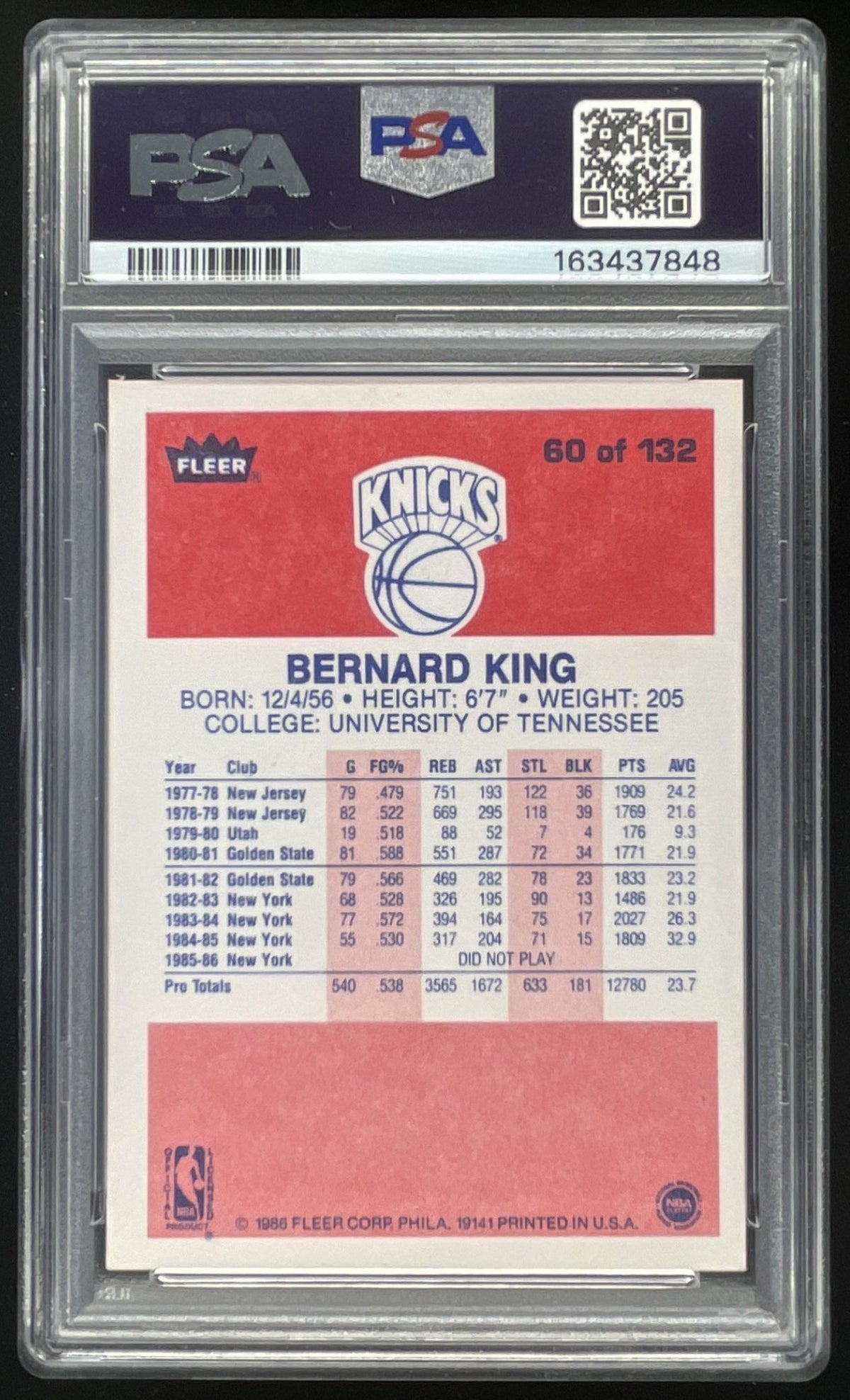 1986-87 Fleer #60 Bernard King PSA 8 product image 2, provided for visual reference and product detail review
