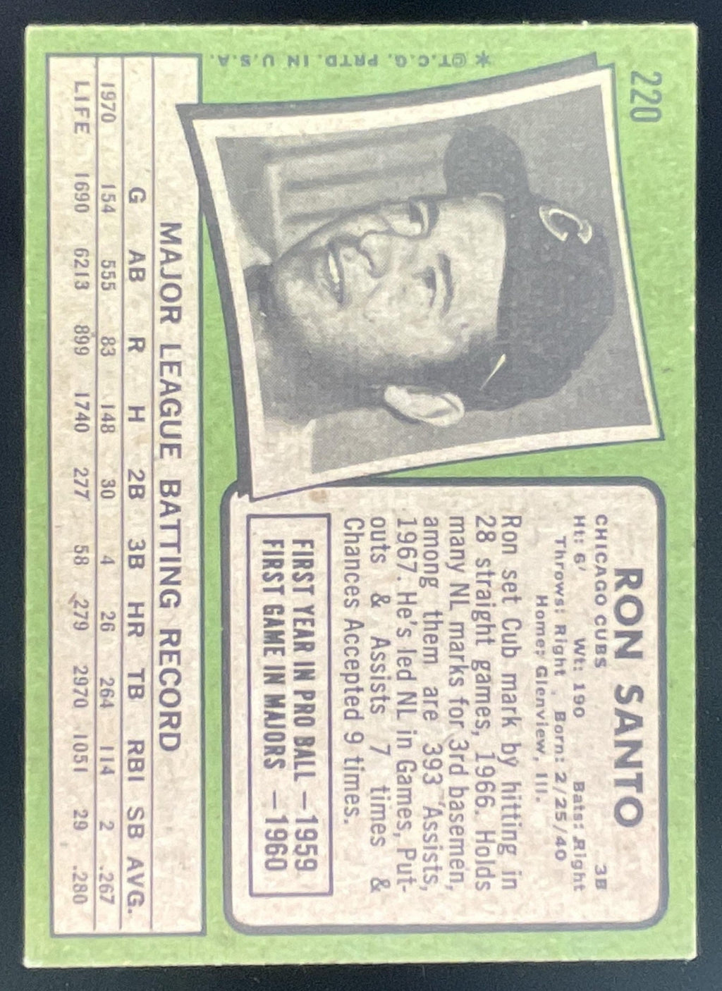 1971 Topps #220 Ron Santo product image 2, provided for visual reference and product detail review