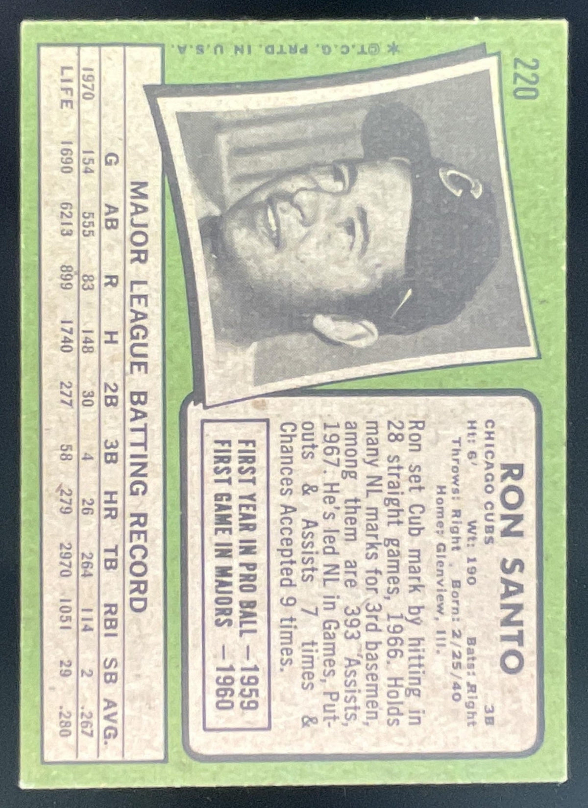 1971 Topps #220 Ron Santo product image 2, provided for visual reference and product detail review