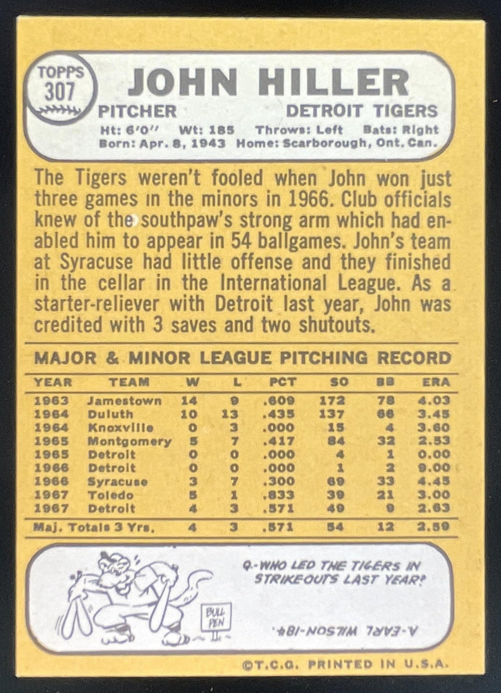 1968 Topps #307 John Hiller product image 2, provided for visual reference and product detail review