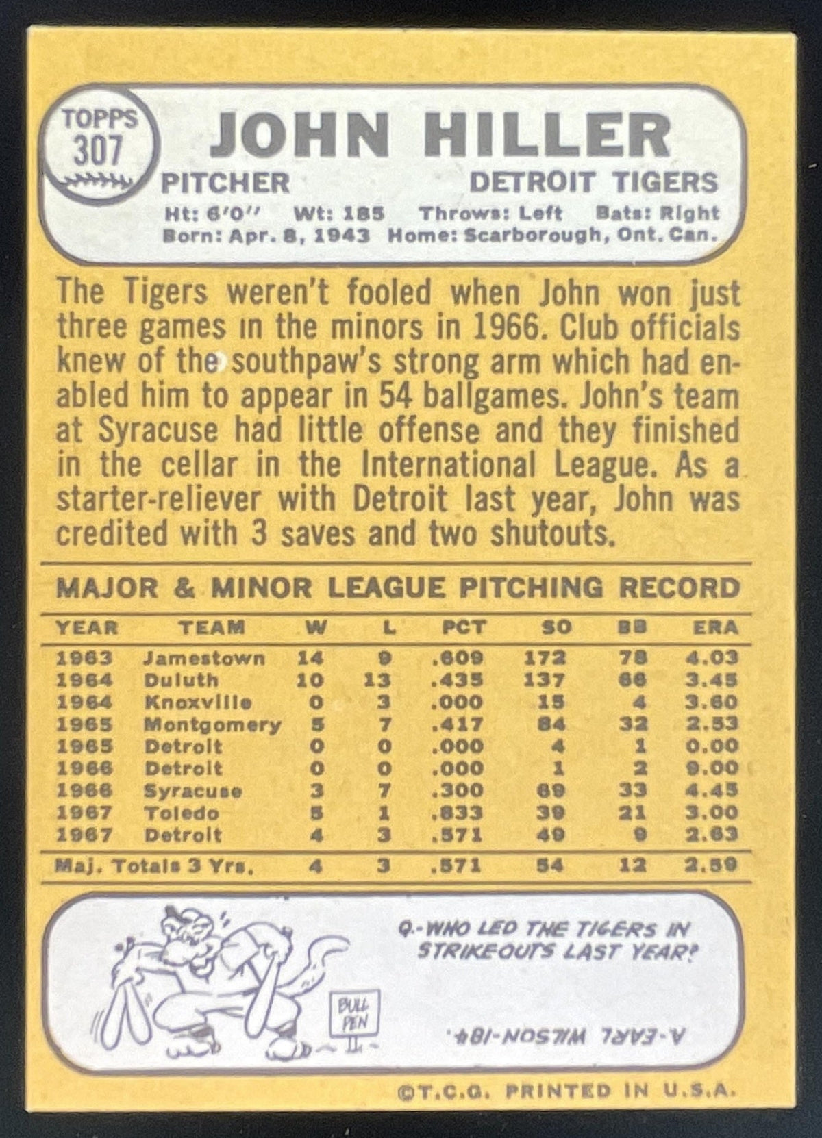 1968 Topps #307 John Hiller product image 2, provided for visual reference and product detail review