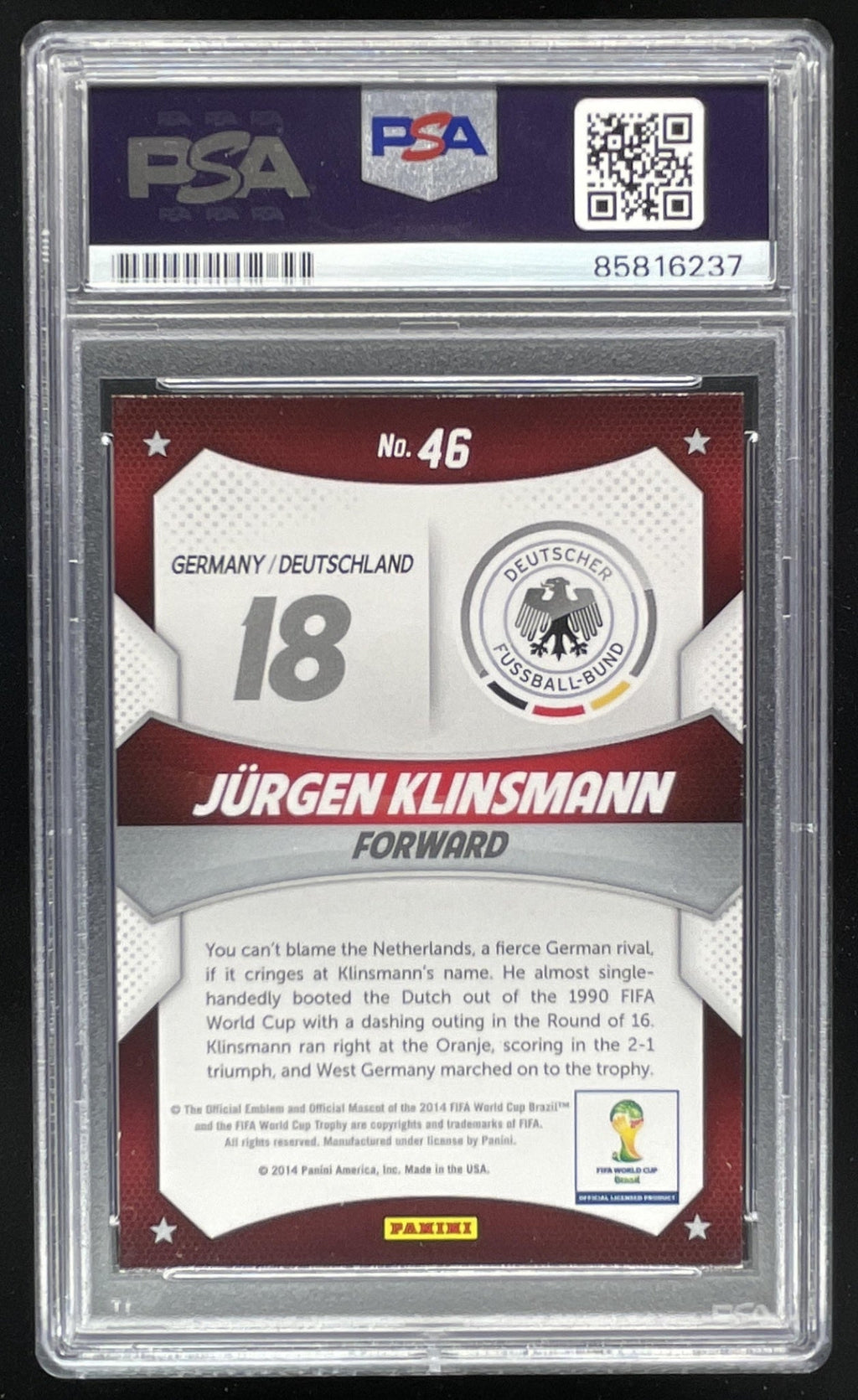 2014 Prizm FIFA World Cup Brazil #46 PSA DNA Authentic Jurgen Klinsmann product image 2, provided for visual reference and