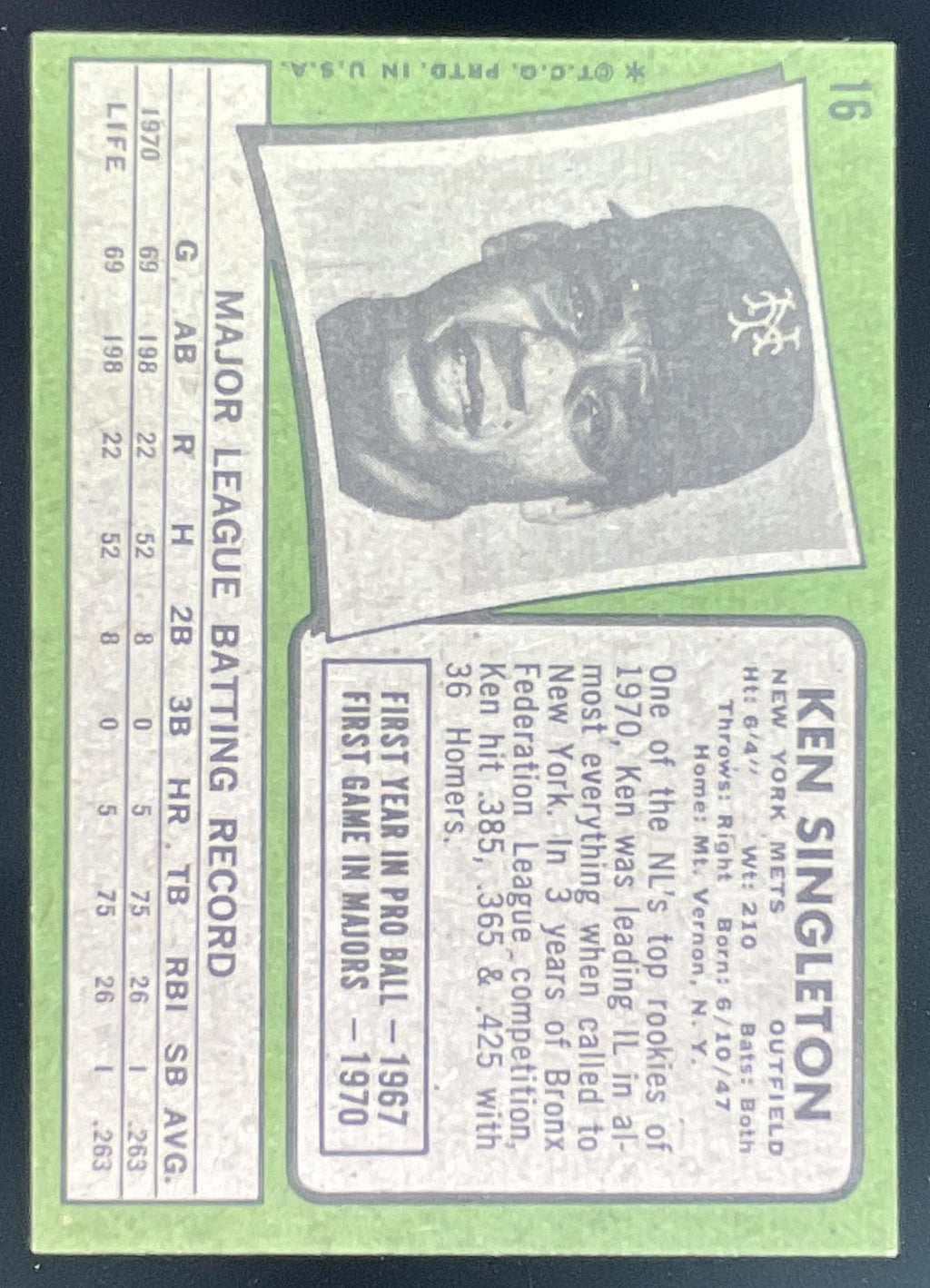 1971 Topps #16 Ken Singleton RC product image 2, provided for visual reference and product detail review