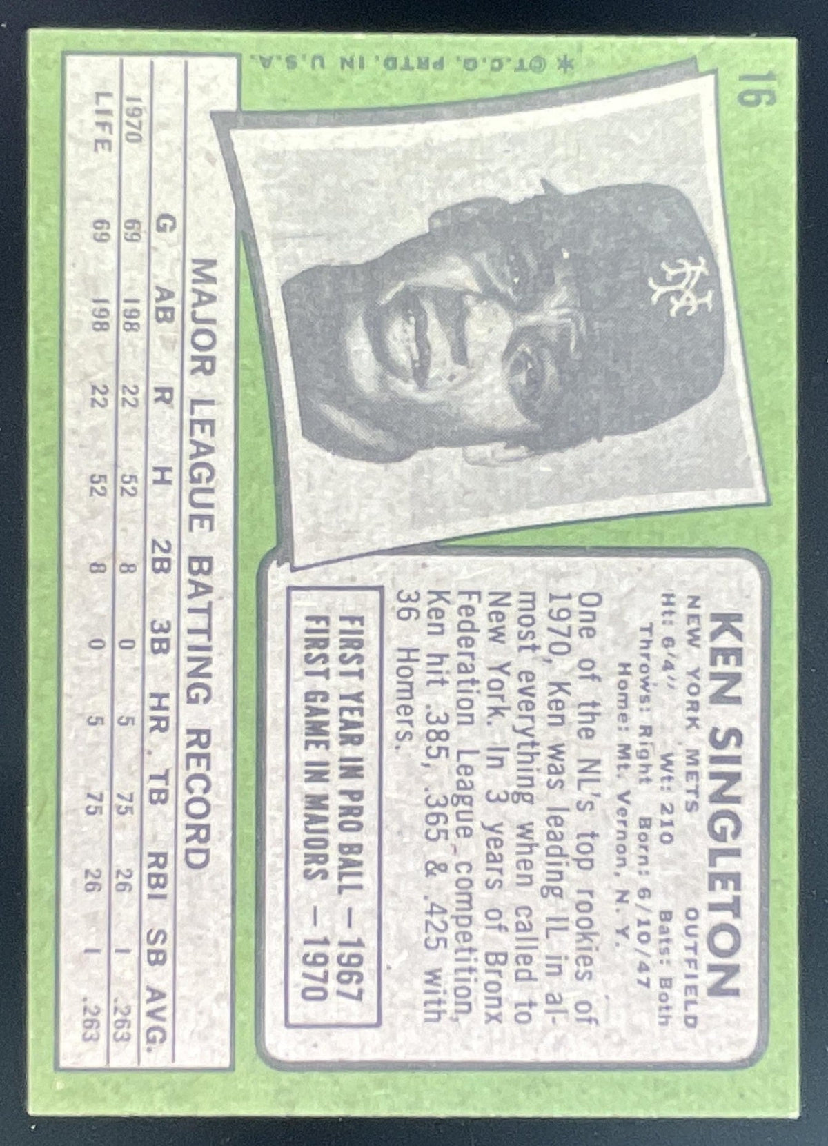 1971 Topps #16 Ken Singleton RC product image 2, provided for visual reference and product detail review