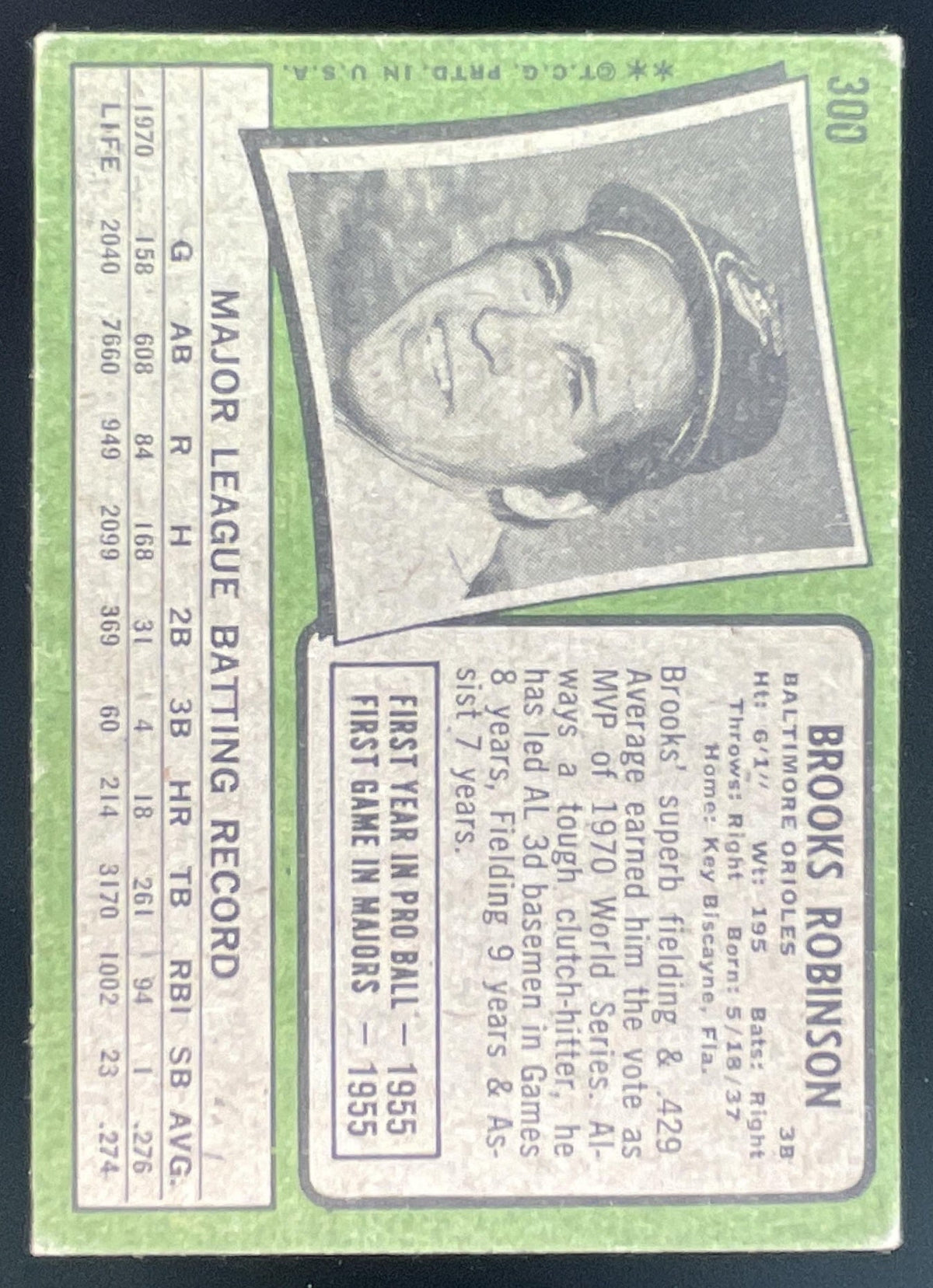 1971 Topps #300 Brooks Robinson product image 2, provided for visual reference and product detail review