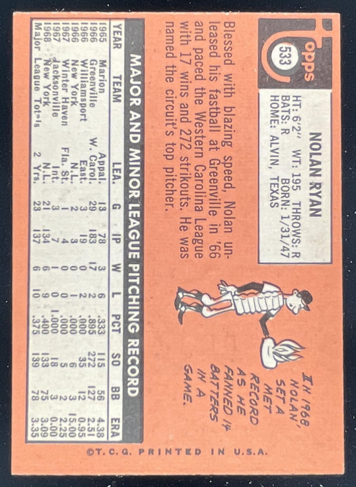 1969 Topps #533 Nolan Ryan product image 2, provided for visual reference and product detail review
