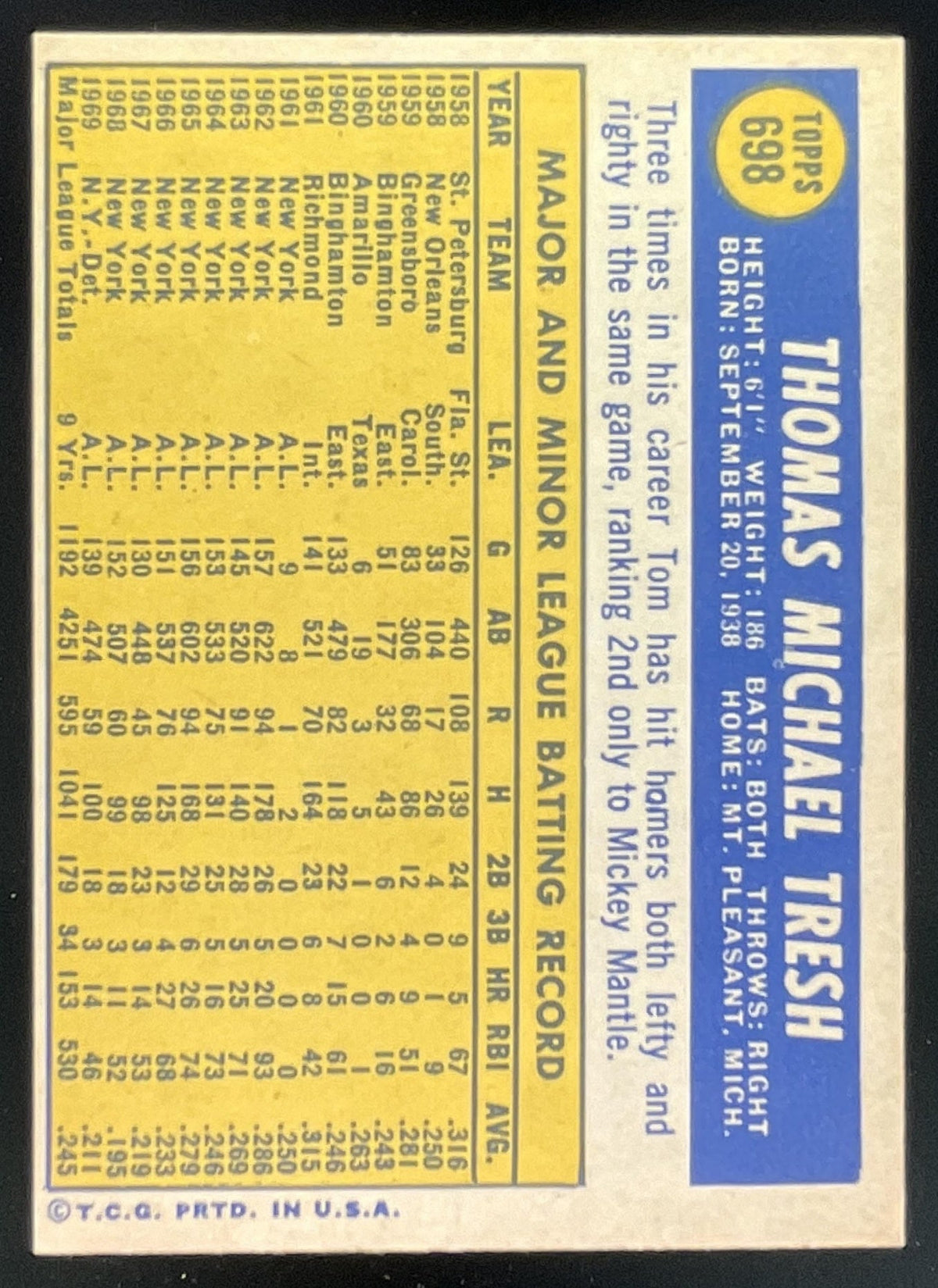 1970 Topps #698 Tom Tresh product image 2, provided for visual reference and product detail review