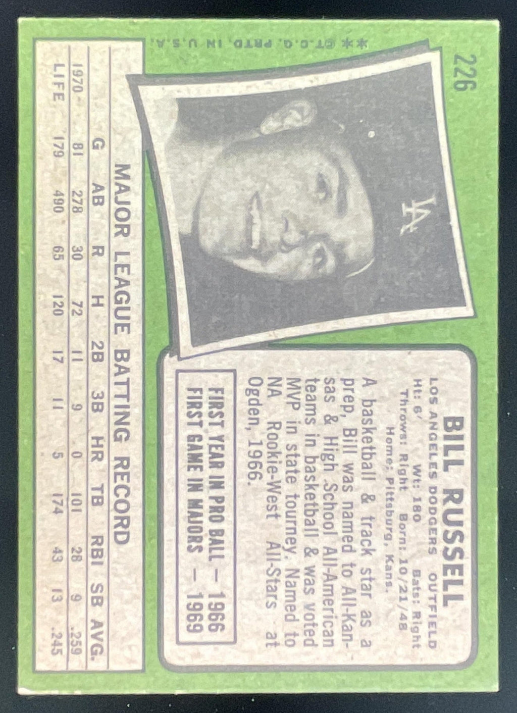 1971 Topps #226 Bill Russell product image 2, provided for visual reference and product detail review