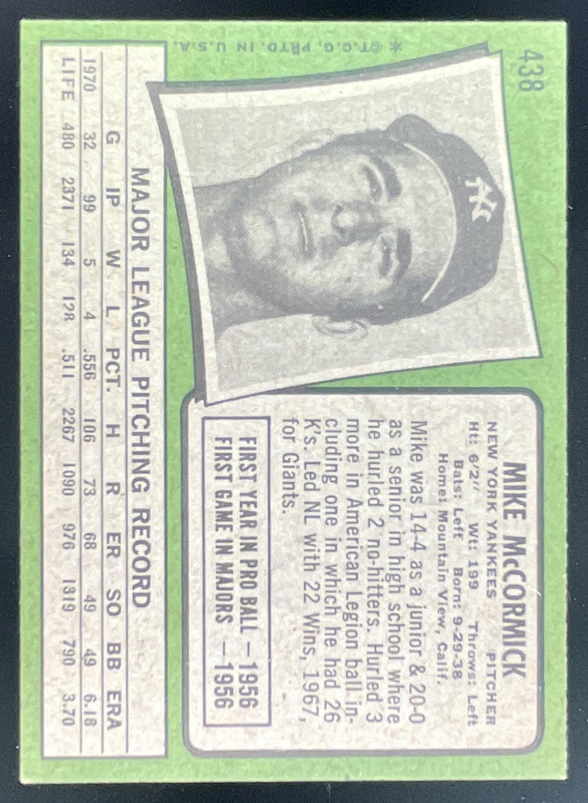 1971 Topps #438 Mike McCormick product image 2, provided for visual reference and product detail review