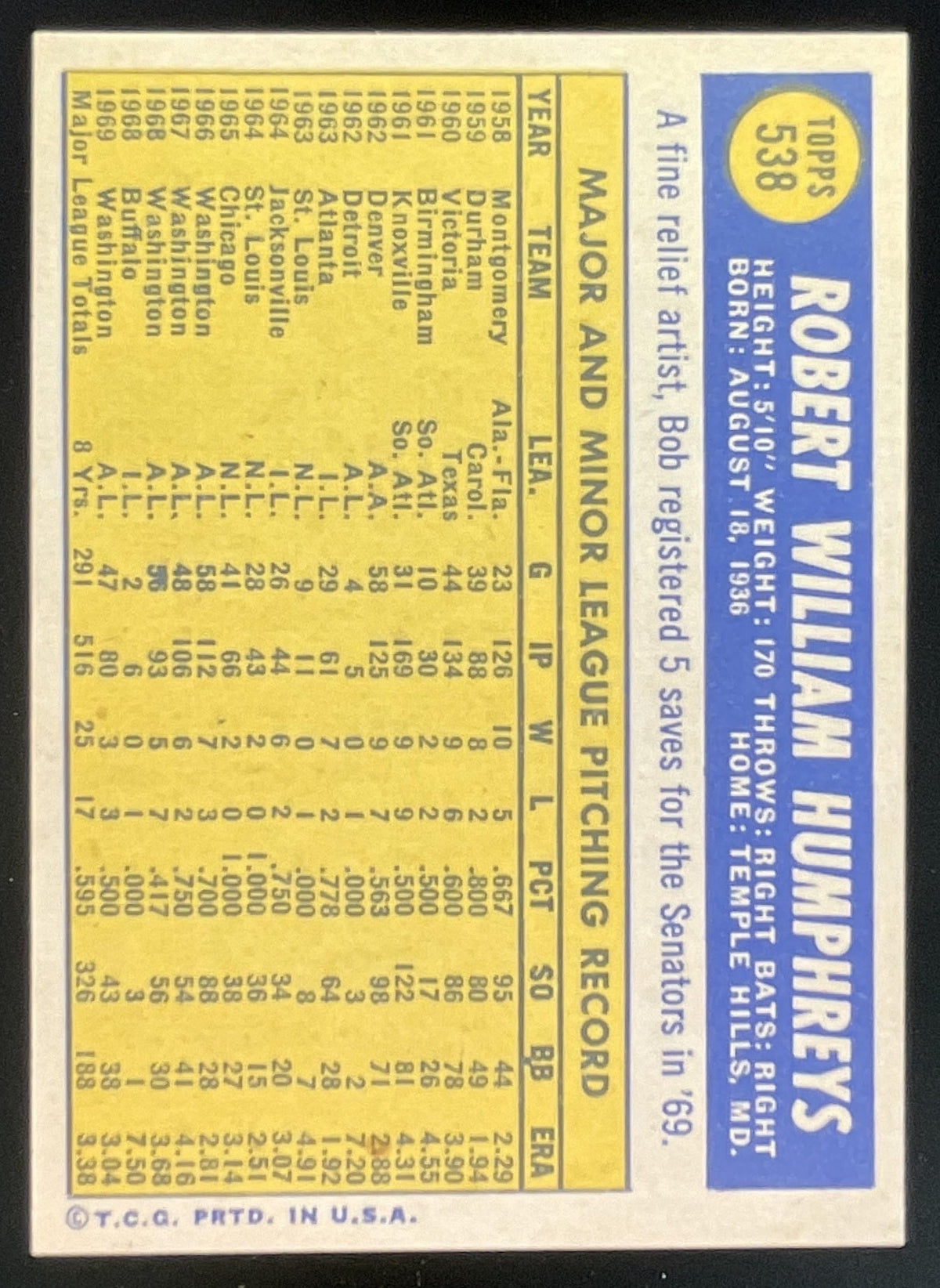 1970 Topps #538 Bob Humphreys product image 2, provided for visual reference and product detail review