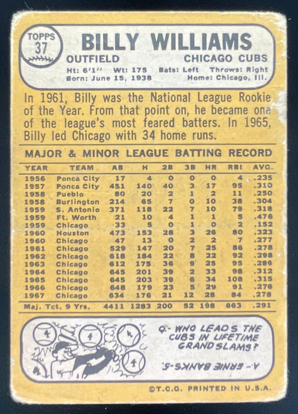 1968 Topps #37 Billy Williams product image 2, provided for visual reference and product detail review