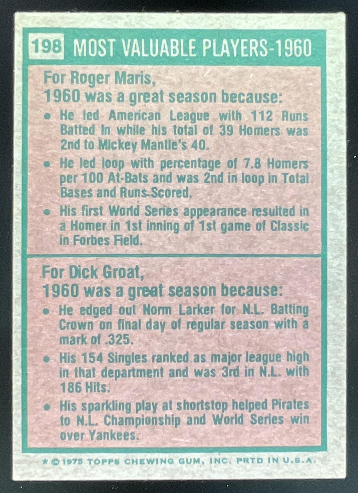 1975 Topps #198 1960s Roger Maris Dick Groat MVP product image 2, provided for visual reference and product detail review