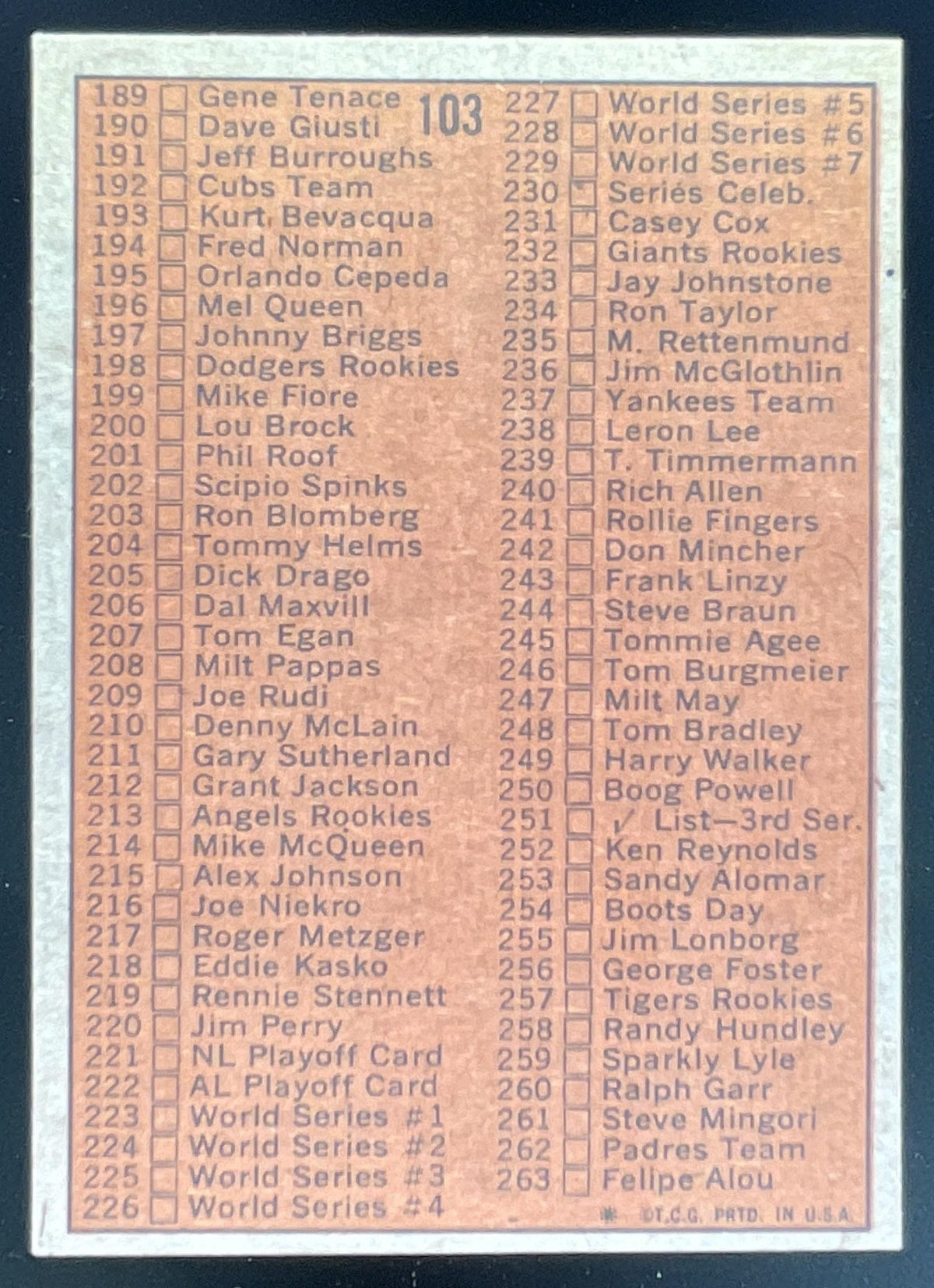 1972 Topps #103 2nd Series Checklist: 133-263 product image 2, provided for visual reference and product detail review