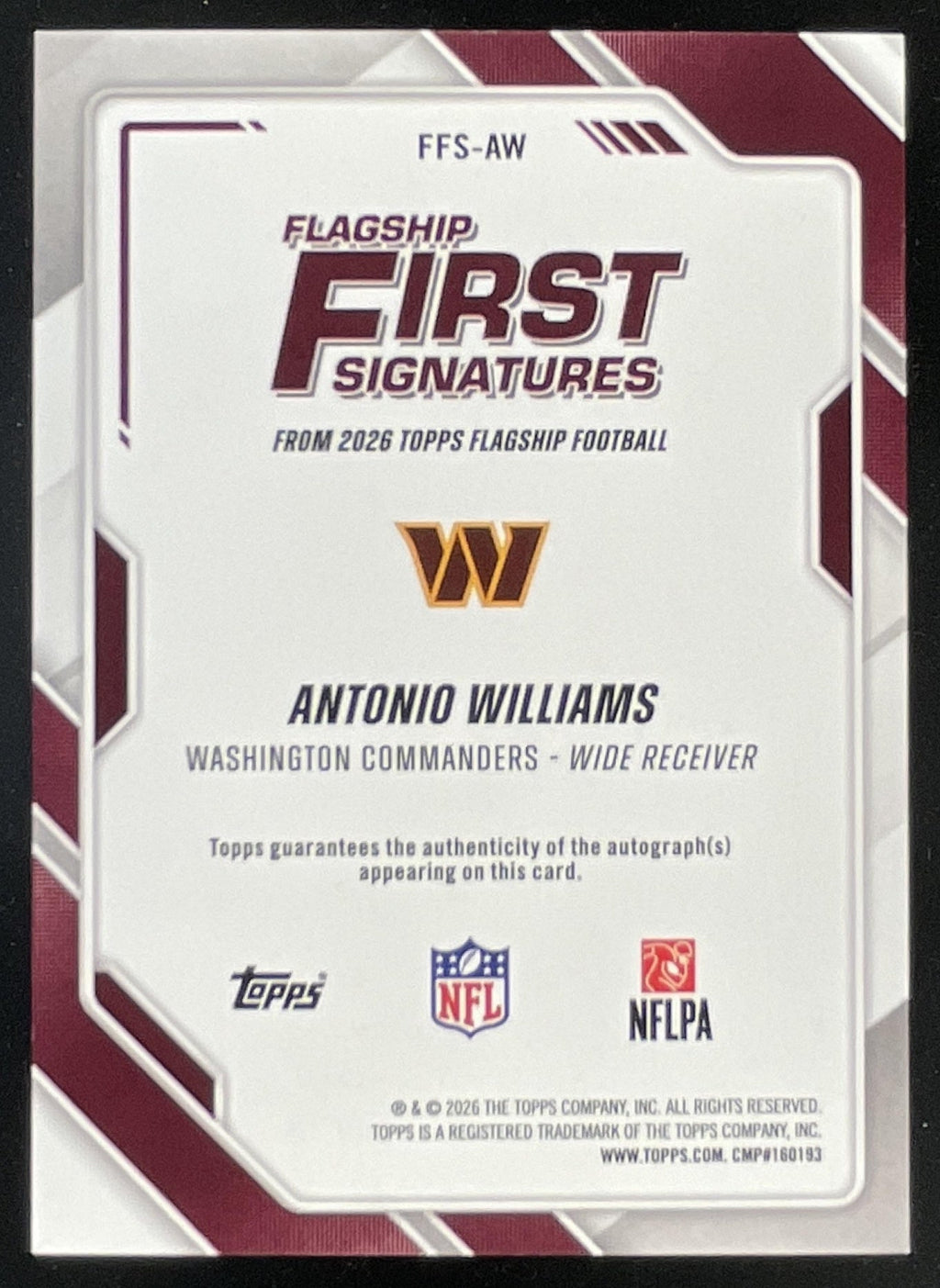 2026 Topps First Signatures #FFS-AW Antonio Williams RC Auto product image 2, provided for visual reference and product