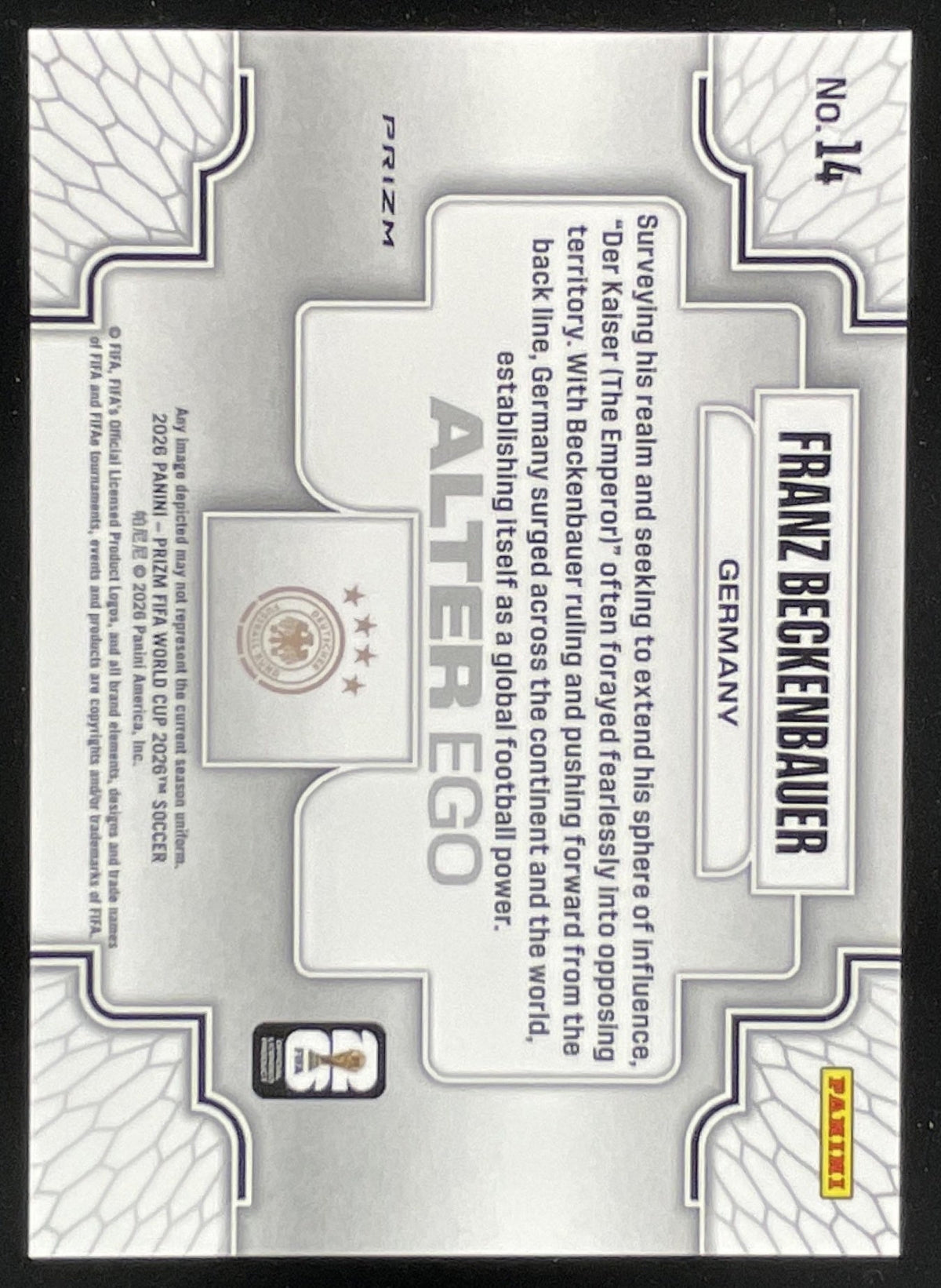 2026 Panini Prizm World Cup Alter Ego #14 Franz Beckenbauer SSP product image 2, provided for visual reference and product