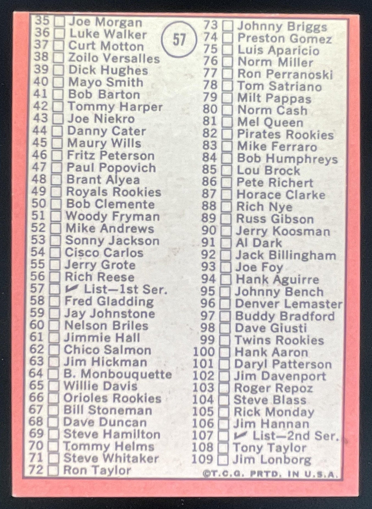 1969 Topps #57b RC Series Check List: 1-109 product image 2, provided for visual reference and product detail review