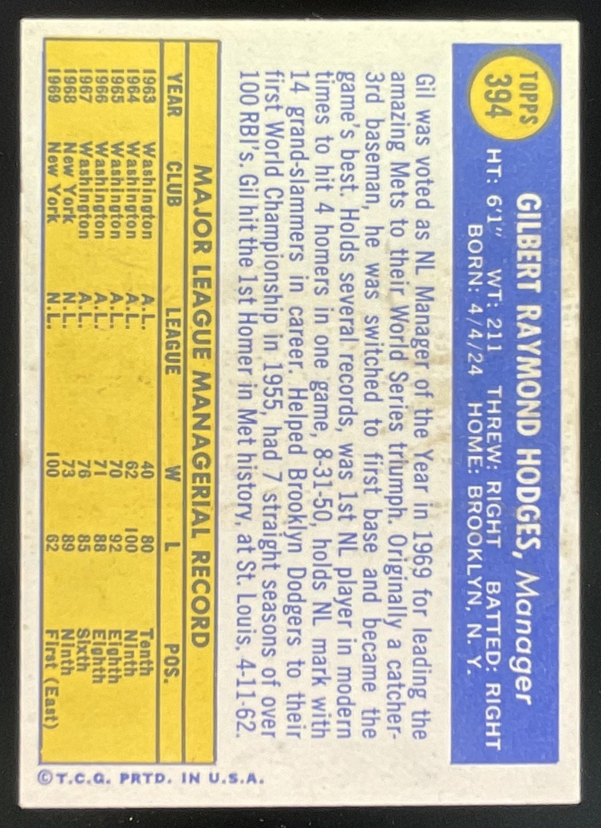 1970 Topps #394 Gil Hodges product image 2, provided for visual reference and product detail review