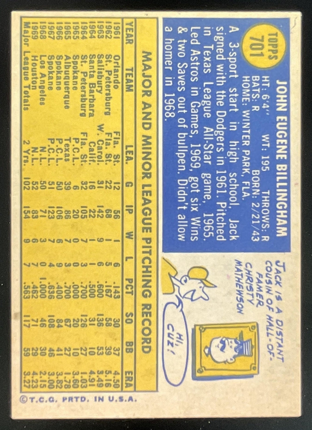 1970 Topps #701 Jack Billingham product image 2, provided for visual reference and product detail review