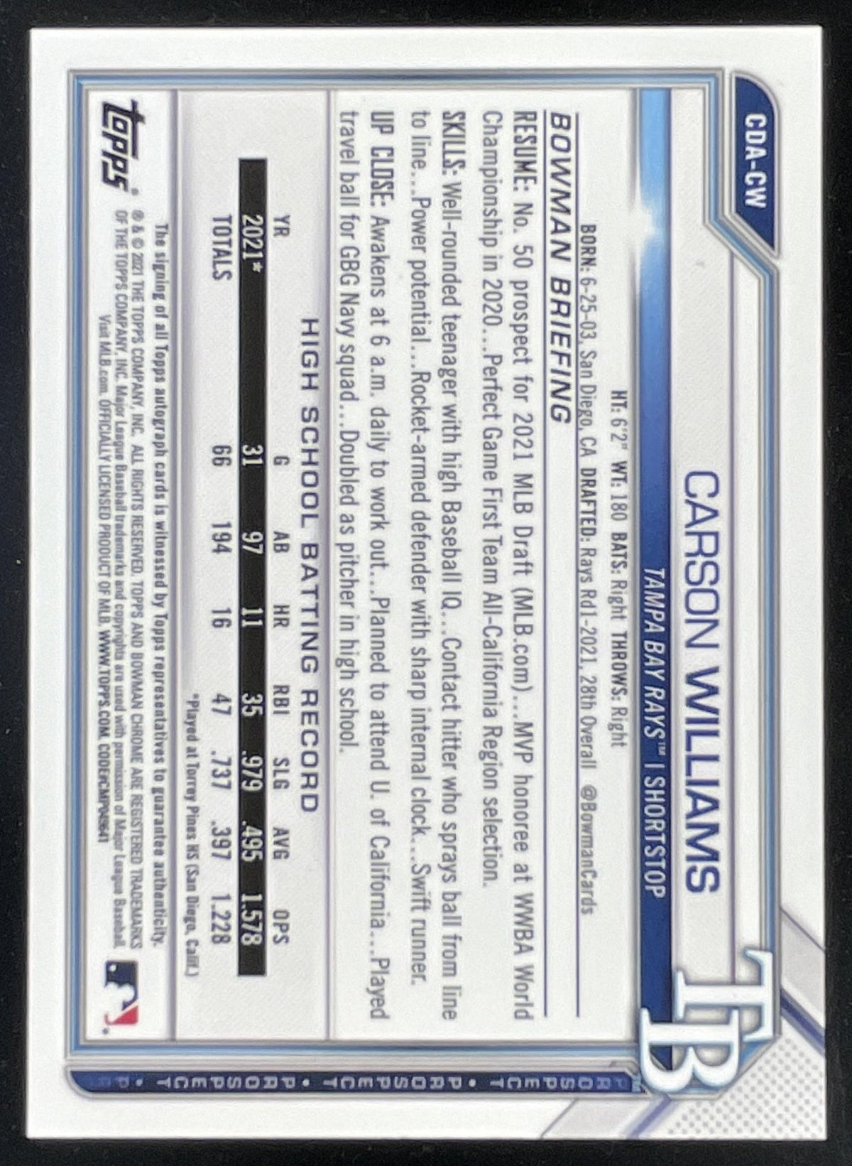 2021 Bowman Draft Chrome Pick #CDA-CW Carson Williams RC Auto product image 2, provided for visual reference and product