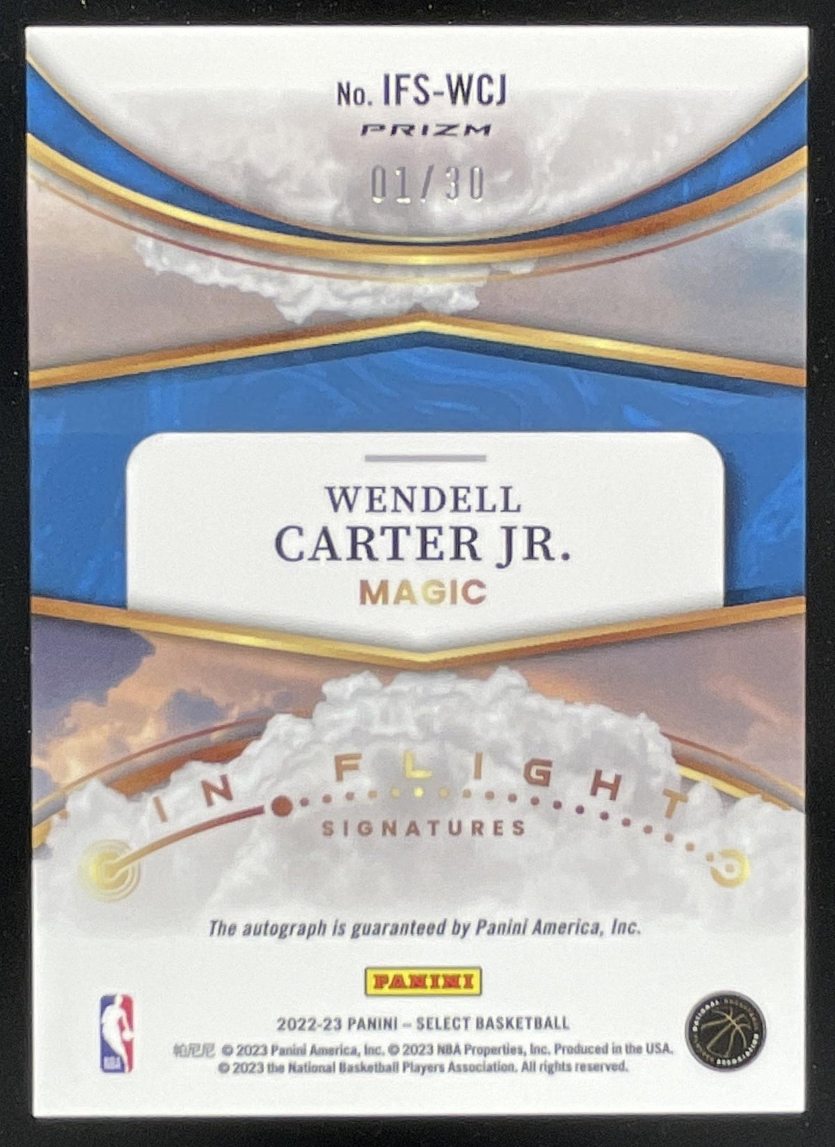 2022-23 Select In Flight Neon Orange Pulsar #IFS-WCJ Wendell Carter Jr. Auto /30 product image 2, provided for visual