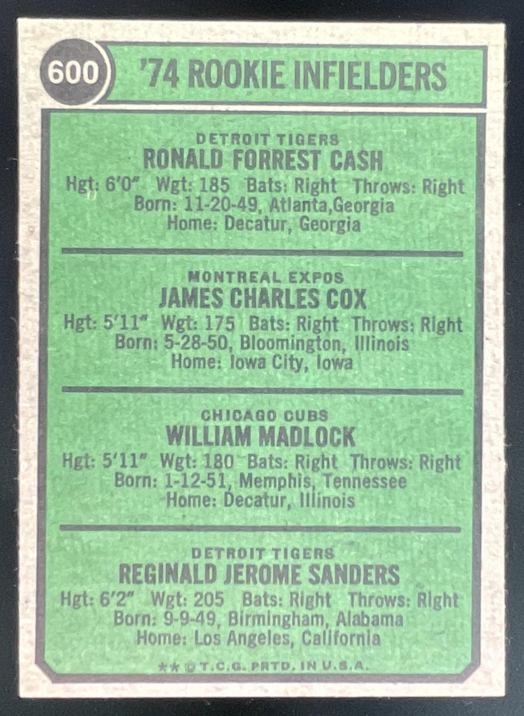 1974 Topps #600 1974 Rookie Ron Cash Jim Cox Bill Madlock Reggie Sanders RC product image 2, provided for visual reference