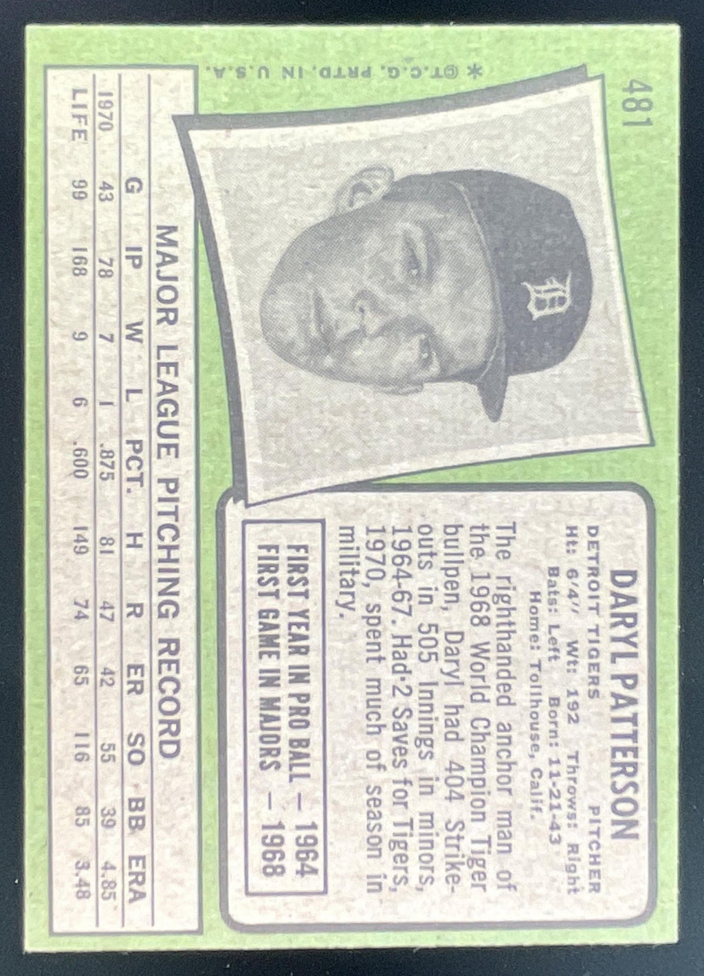 1971 Topps #481 Daryl Patterson product image 2, provided for visual reference and product detail review