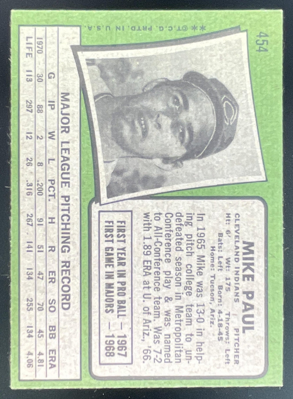 1971 Topps #454 Mike Paul product image 2, provided for visual reference and product detail review