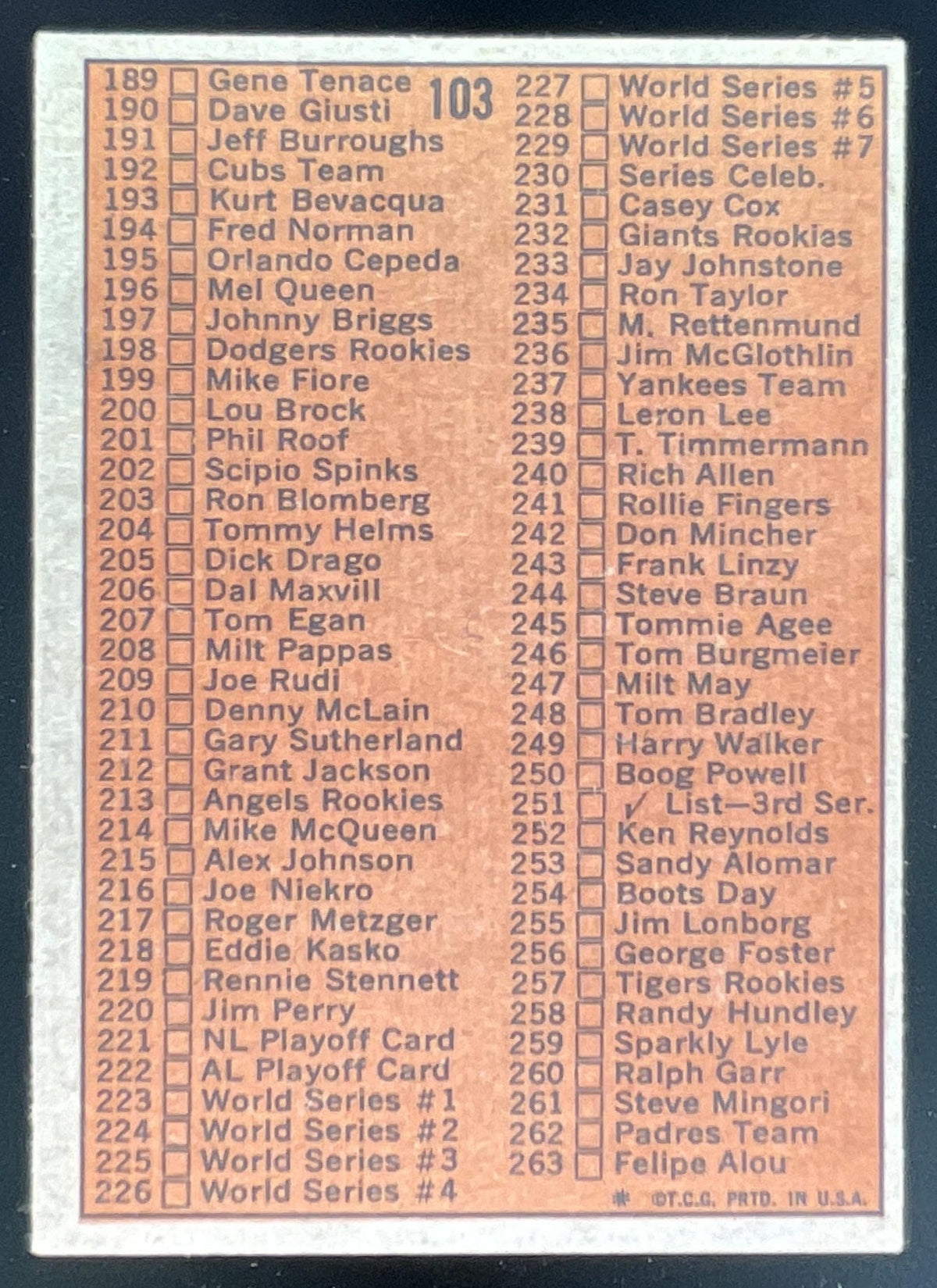 1972 Topps #103 2nd Series Checklist: 133-263 product image 2, provided for visual reference and product detail review