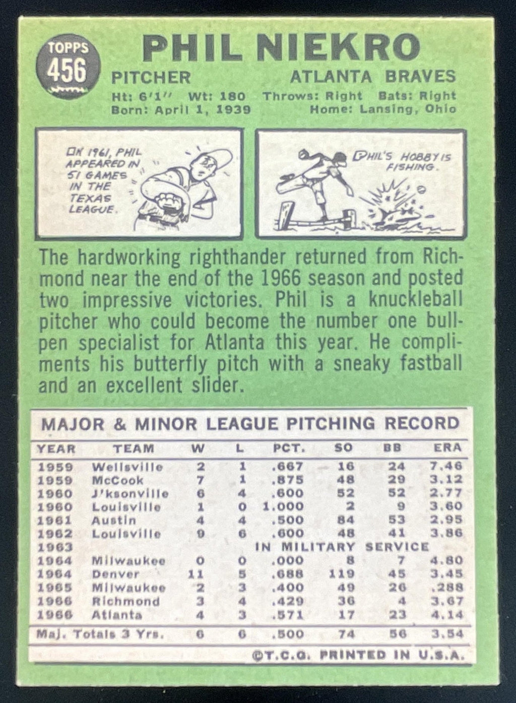 1967 Topps #456 Phil Niekro product image 2, provided for visual reference and product detail review