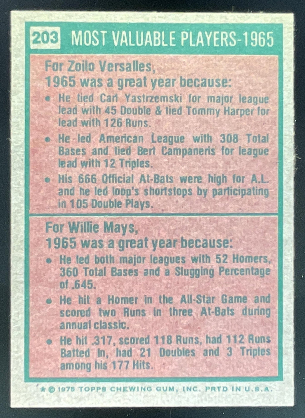 1975 Topps #203 1965s Zoilo Versalles Willie Mays MVP product image 2, provided for visual reference and product detail