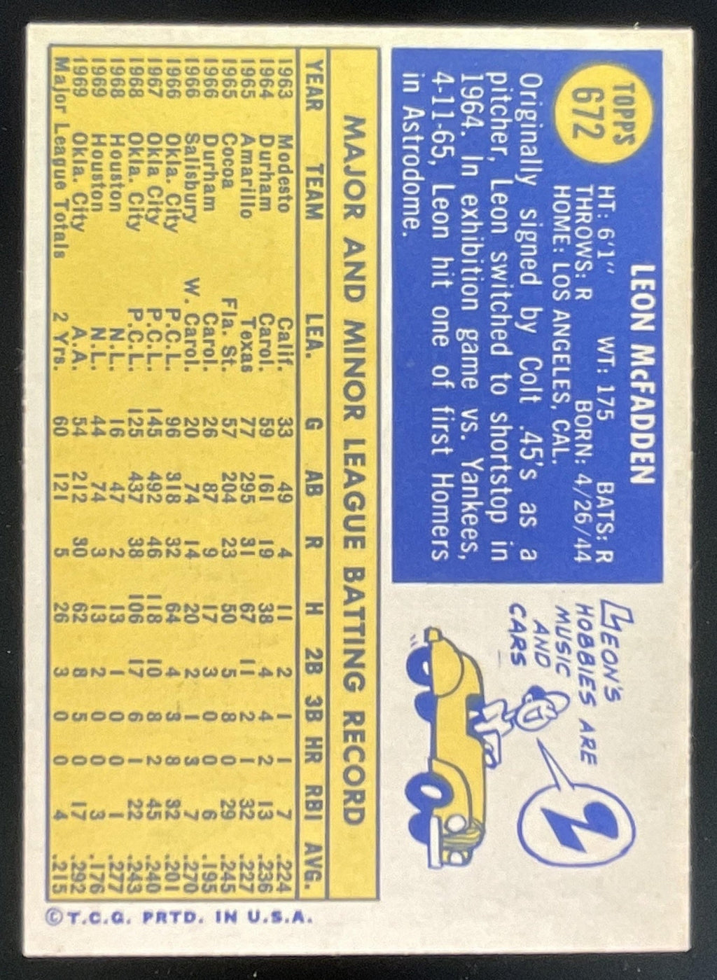 1970 Topps #672 Leon McFadden product image 2, provided for visual reference and product detail review
