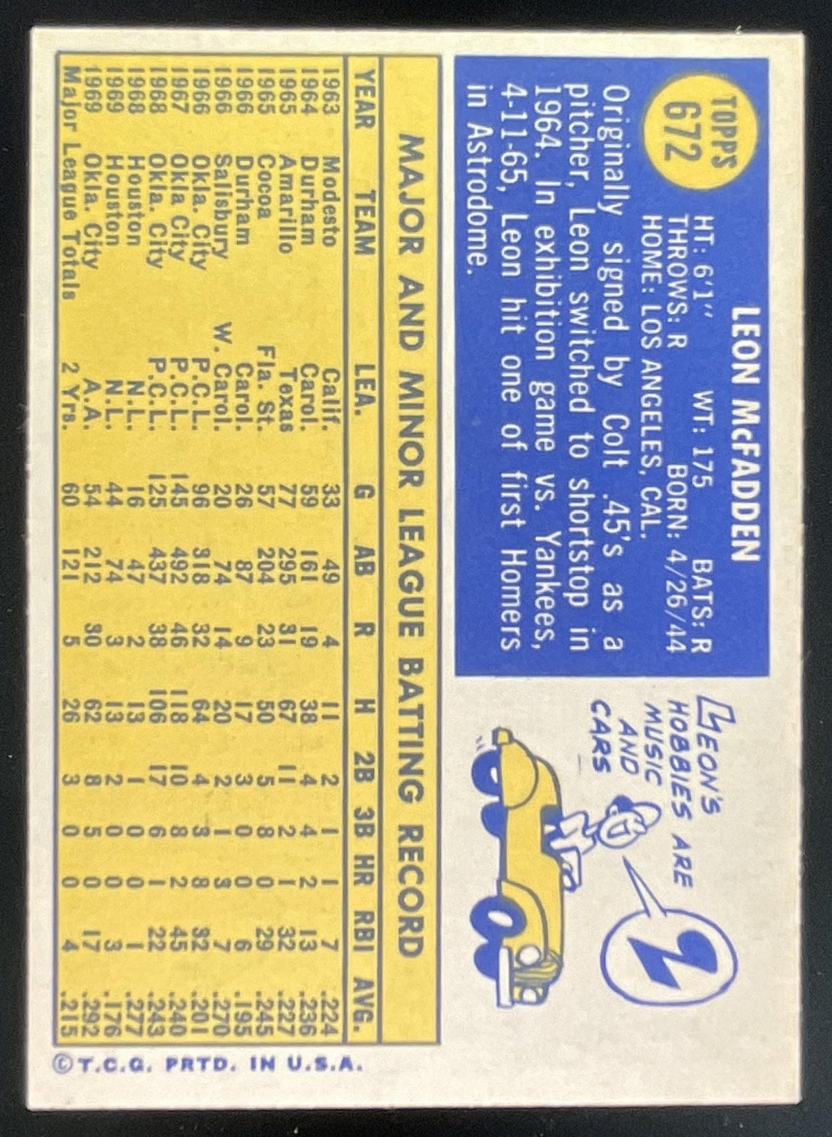 1970 Topps #672 Leon McFadden product image 2, provided for visual reference and product detail review